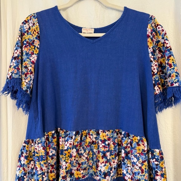 Hailey & Co Sz SM Blue Floral Linen Rayon Peplum Top Oversized Fit Boho Artsy - Picture 3 of 11